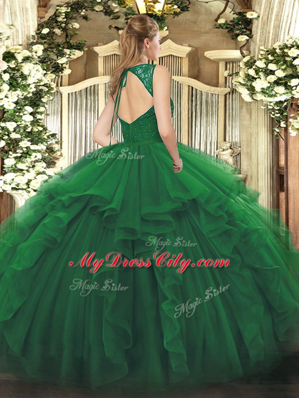 Noble Dark Green Ball Gowns Beading and Ruffles Sweet 16 Quinceanera Dress Zipper Organza Sleeveless Floor Length