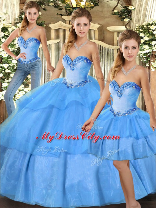 Luxurious Baby Blue Organza Lace Up Sweet 16 Dresses Sleeveless Floor Length Beading and Ruffled Layers