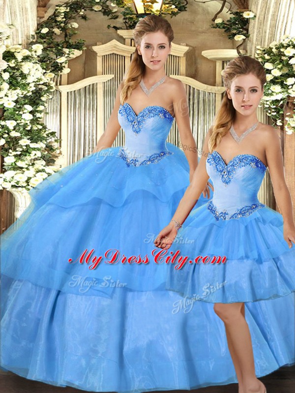 Luxurious Baby Blue Organza Lace Up Sweet 16 Dresses Sleeveless Floor Length Beading and Ruffled Layers