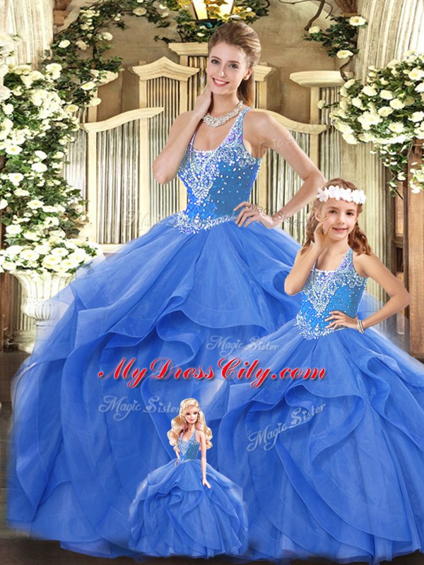 Beautiful Blue Lace Up Sweet 16 Dresses Beading and Ruffles Sleeveless Floor Length