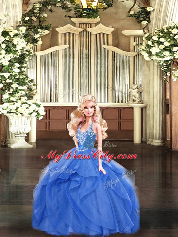 Beautiful Blue Lace Up Sweet 16 Dresses Beading and Ruffles Sleeveless Floor Length