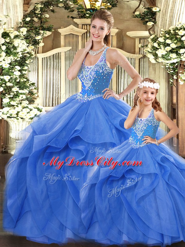 Beautiful Blue Lace Up Sweet 16 Dresses Beading and Ruffles Sleeveless Floor Length