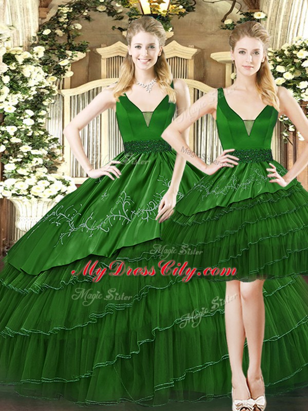 Fabulous Beading and Ruffled Layers Vestidos de Quinceanera Dark Green Lace Up Sleeveless Floor Length