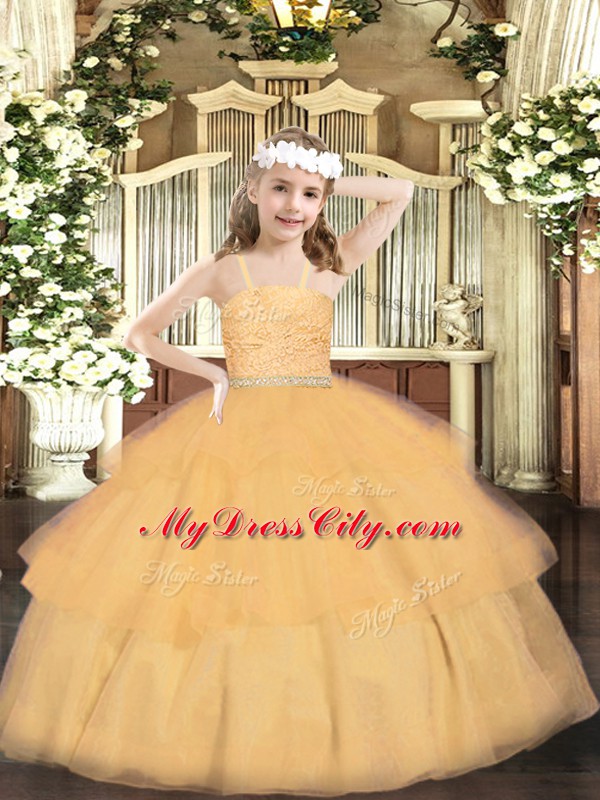 Custom Made Orange Organza Zipper Custom Made Pageant Dress Sleeveless Floor Length Beading and Lace and Ruffled Layers