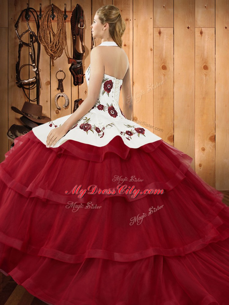 Rust Red Lace Up Sweet 16 Dresses Embroidery and Ruffled Layers Sleeveless Brush Train