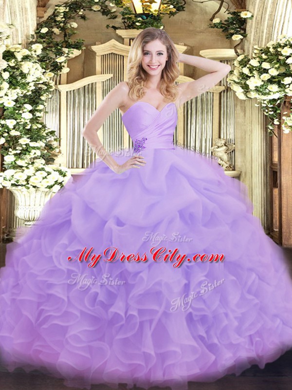 Chic Sleeveless Floor Length Beading and Ruffles Lace Up 15 Quinceanera Dress with Lavender