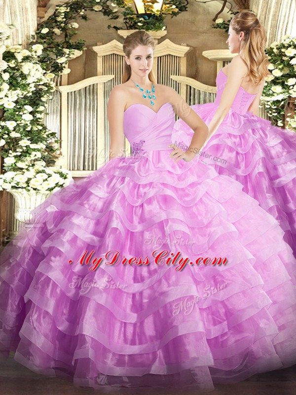 Lilac Sweet 16 Quinceanera Dress Military Ball and Sweet 16 and Quinceanera with Beading and Ruffled Layers Sweetheart Sleeveless Lace Up