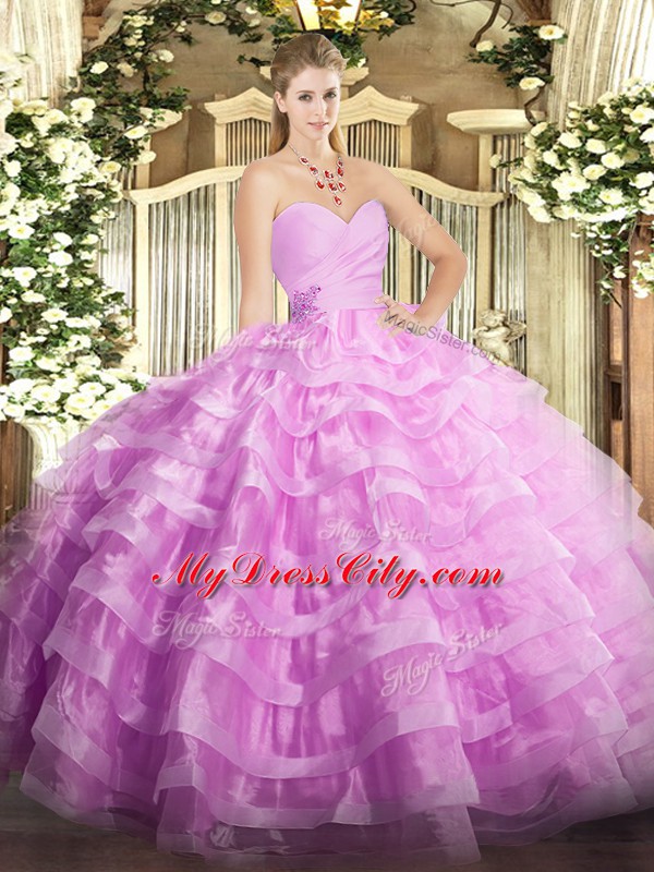 Lilac Sweet 16 Quinceanera Dress Military Ball and Sweet 16 and Quinceanera with Beading and Ruffled Layers Sweetheart Sleeveless Lace Up