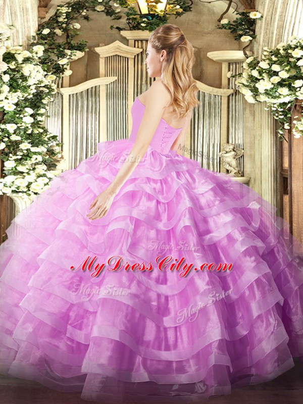 Lilac Sweet 16 Quinceanera Dress Military Ball and Sweet 16 and Quinceanera with Beading and Ruffled Layers Sweetheart Sleeveless Lace Up