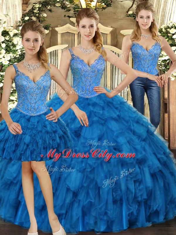 Straps Sleeveless Lace Up Quinceanera Dresses Teal Organza