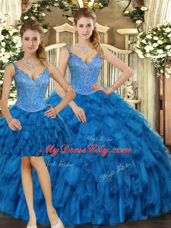 Straps Sleeveless Lace Up Quinceanera Dresses Teal Organza