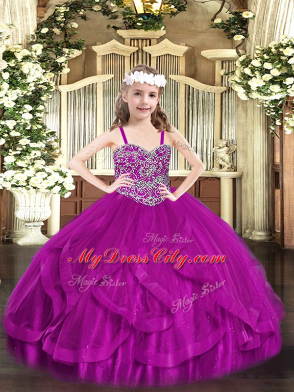 Pretty Fuchsia Ball Gowns Straps Sleeveless Tulle Floor Length Lace Up Beading and Ruffles Little Girls Pageant Dress Wholesale