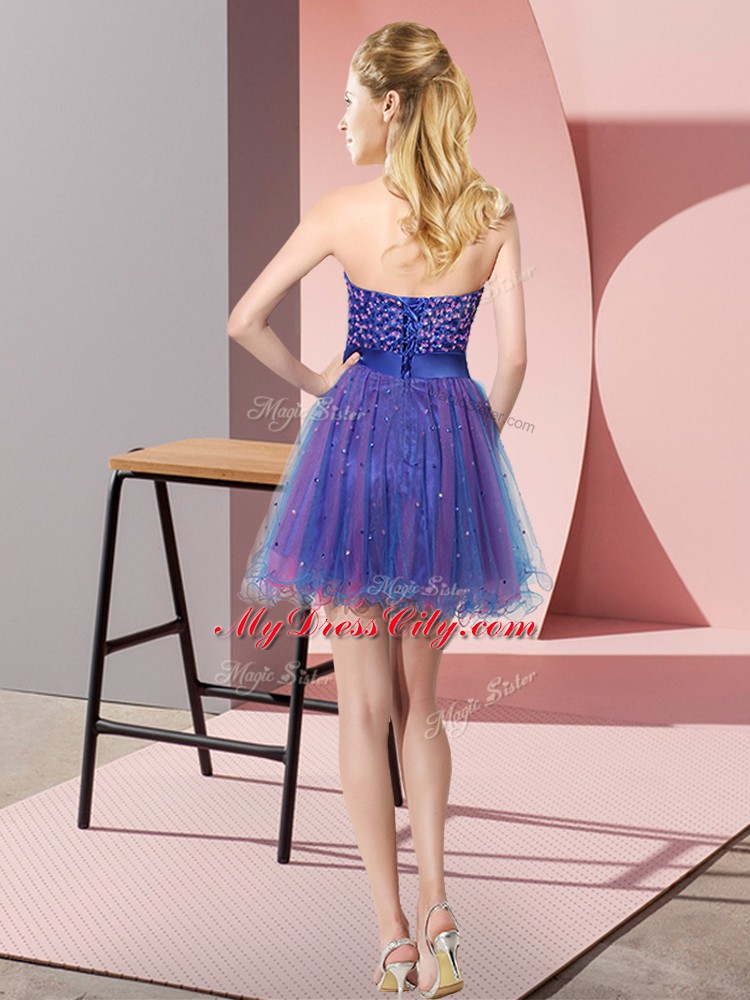 Fantastic Multi-color Empire Beading and Sequins Bridesmaid Gown Lace Up Tulle Sleeveless Mini Length