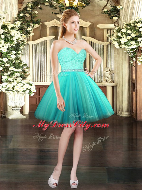 Popular Aqua Blue Sleeveless Mini Length Beading and Lace Lace Up Evening Dress