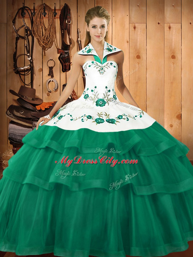 Luxurious Turquoise Sleeveless Sweep Train Embroidery and Ruffled Layers Quinceanera Dress