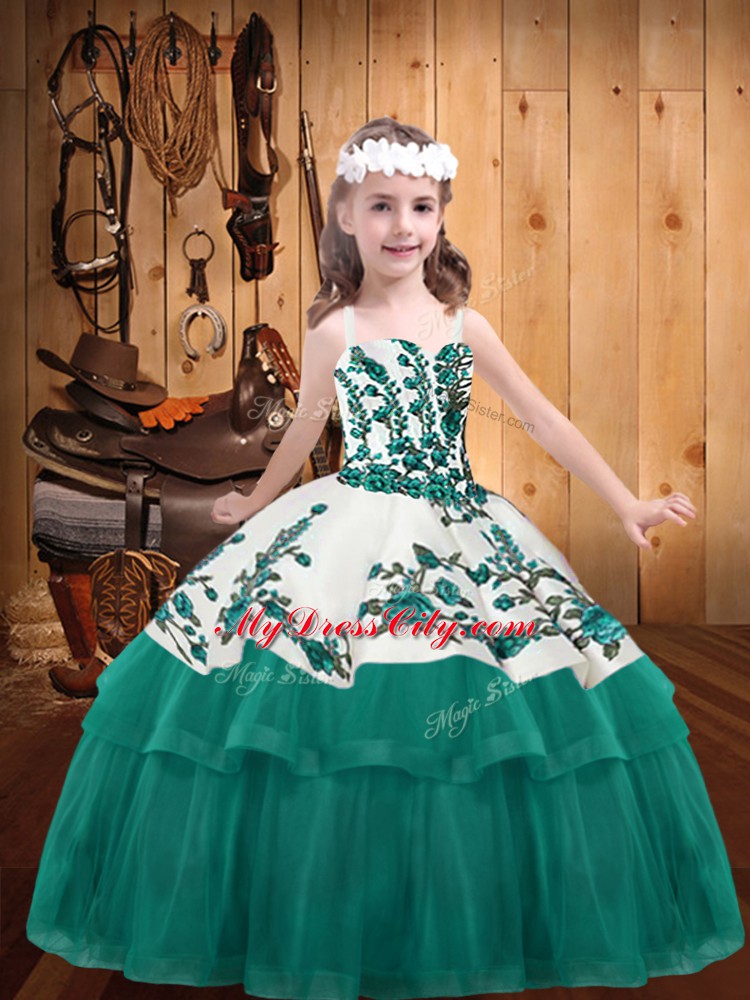 Turquoise Straps Neckline Embroidery Child Pageant Dress Sleeveless Lace Up