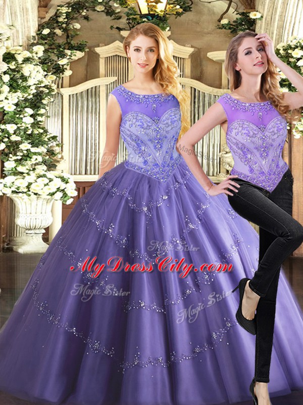 Wonderful Lavender Scoop Zipper Beading Sweet 16 Dress Sleeveless