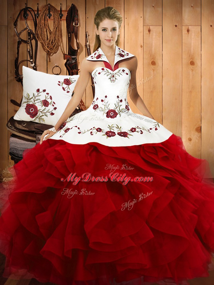 Exceptional Wine Red Halter Top Neckline Embroidery and Ruffles Vestidos de Quinceanera Sleeveless Lace Up