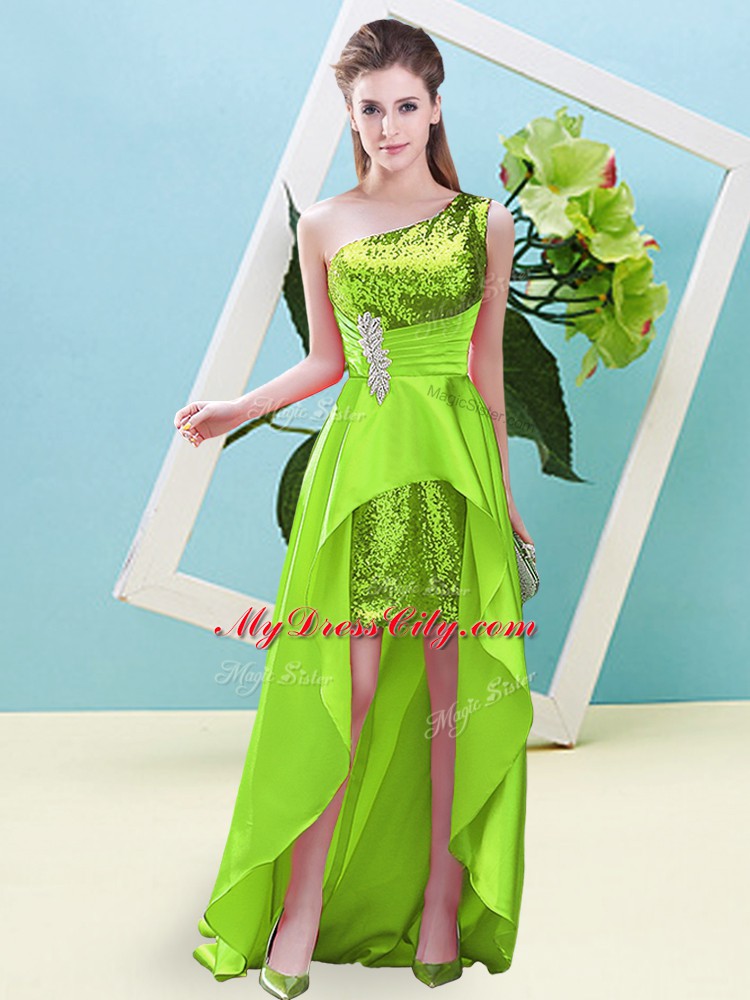 High End Yellow Green Elastic Woven Satin and Sequined Lace Up One Shoulder Sleeveless High Low Dress for Prom Beading and Sequins