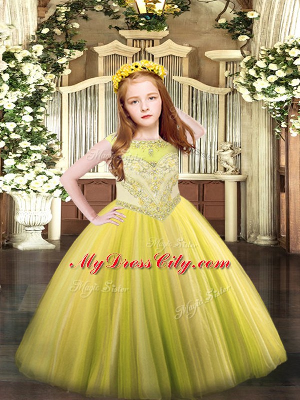 Tulle Scoop Sleeveless Zipper Beading Pageant Dress Toddler in Yellow