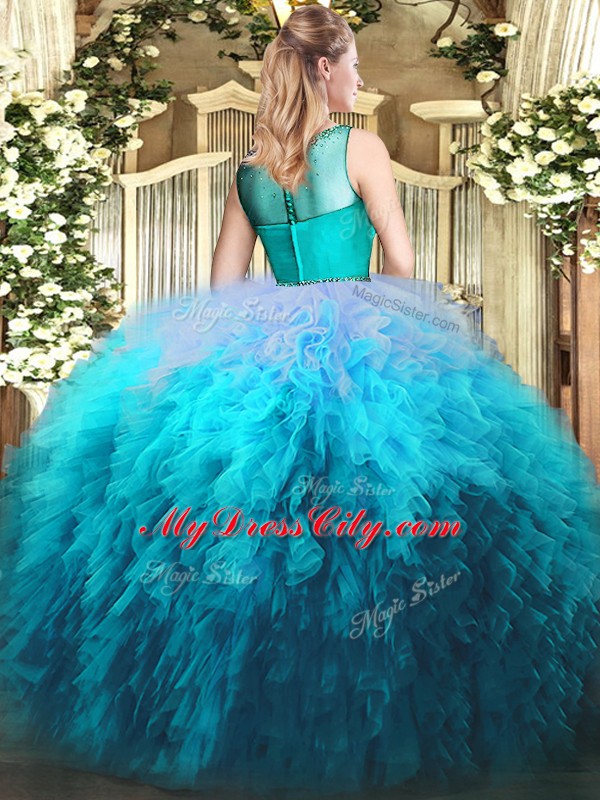 Amazing Multi-color Ball Gowns Beading and Ruffles 15th Birthday Dress Zipper Tulle Sleeveless Floor Length