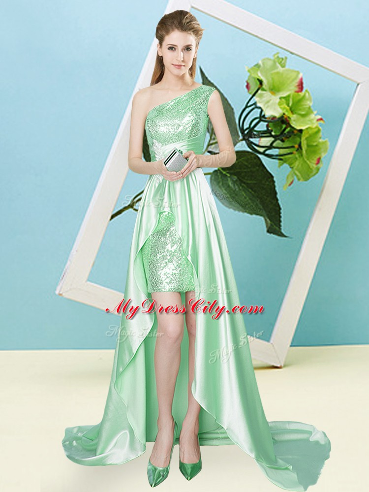 Exquisite One Shoulder Sleeveless Lace Up Apple Green Elastic Woven Satin and Sequined