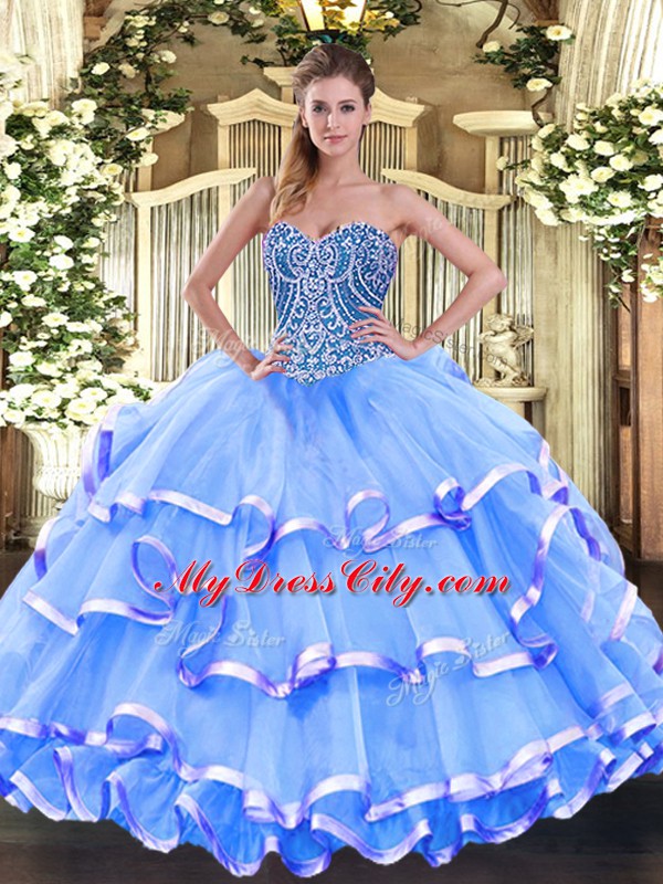 Delicate Baby Blue Organza Lace Up 15 Quinceanera Dress Sleeveless Floor Length Beading and Ruffled Layers