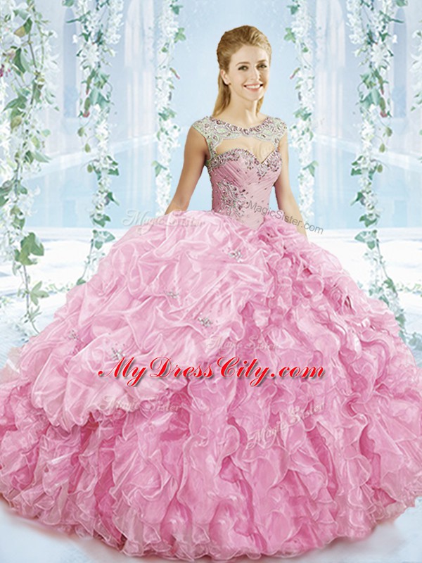 Dramatic Baby Pink Sleeveless Beading and Ruffles Lace Up 15th Birthday Dress