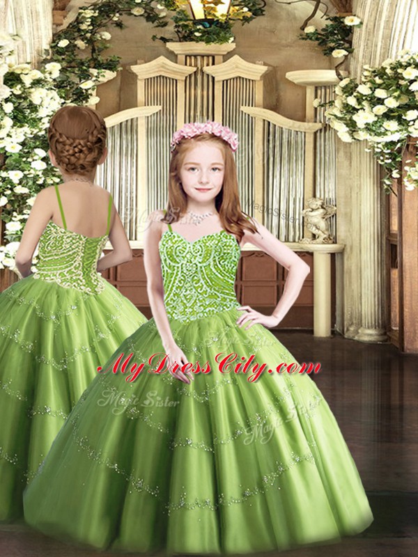 On Sale Olive Green Lace Up Kids Pageant Dress Beading Sleeveless Floor Length