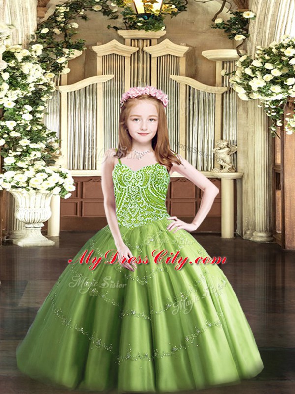 On Sale Olive Green Lace Up Kids Pageant Dress Beading Sleeveless Floor Length