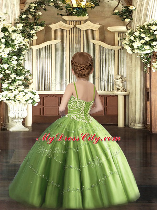 On Sale Olive Green Lace Up Kids Pageant Dress Beading Sleeveless Floor Length