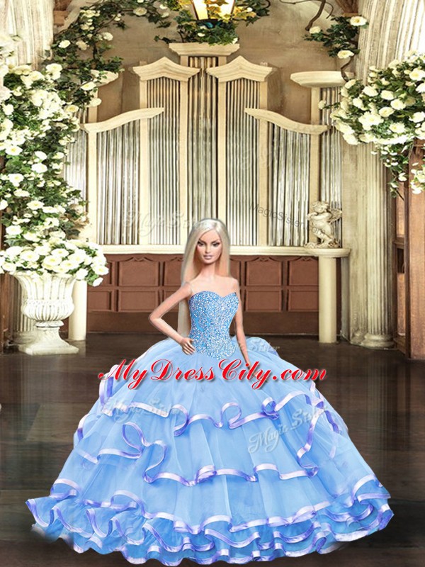 Lavender Ball Gowns Sweetheart Sleeveless Organza Floor Length Lace Up Beading and Ruffled Layers Quinceanera Gown