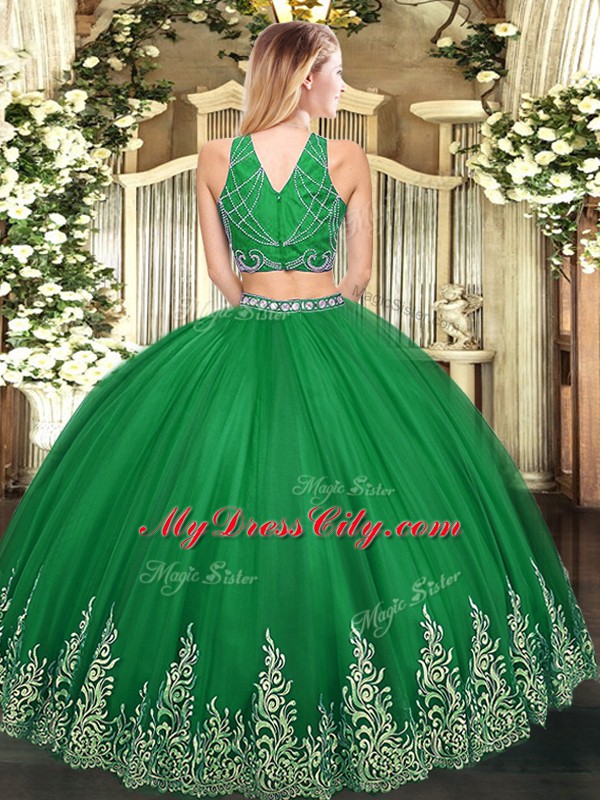 Decent Floor Length Zipper Quinceanera Dress Dark Green for Military Ball and Sweet 16 and Quinceanera with Beading and Ruffles