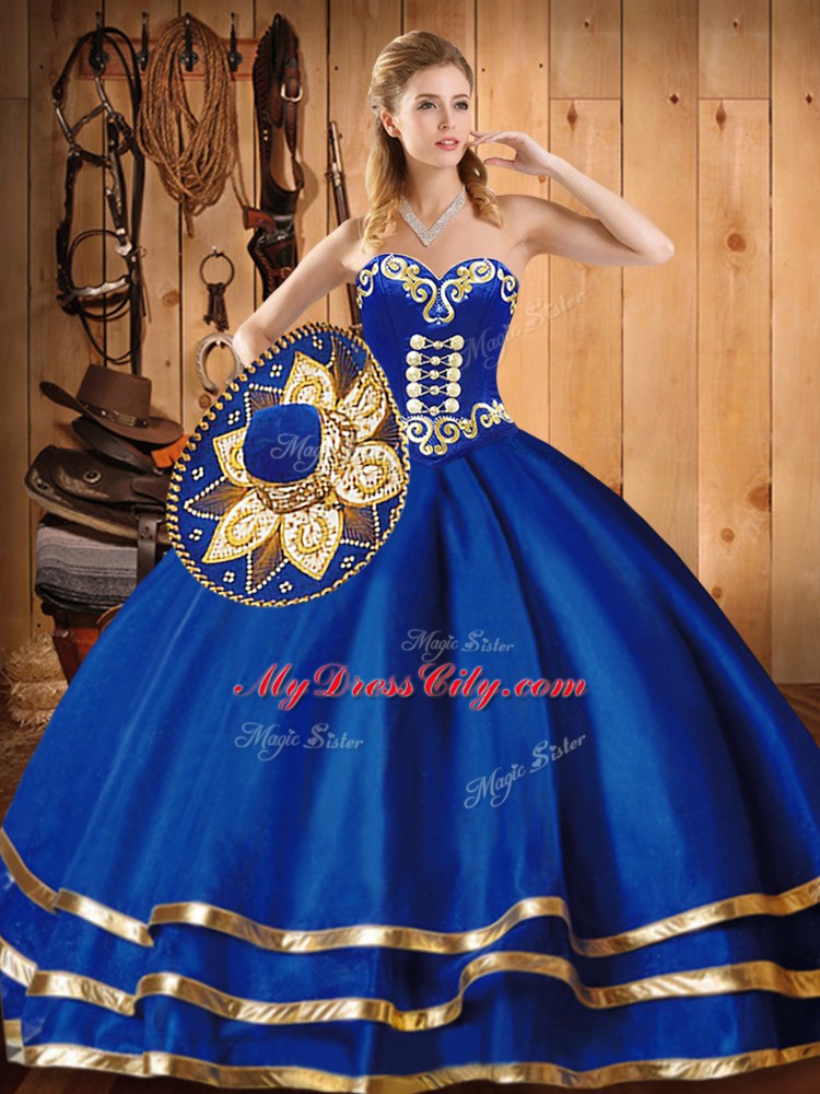 Traditional Blue Ball Gowns Embroidery Sweet 16 Quinceanera Dress Lace Up Satin and Tulle Sleeveless Floor Length