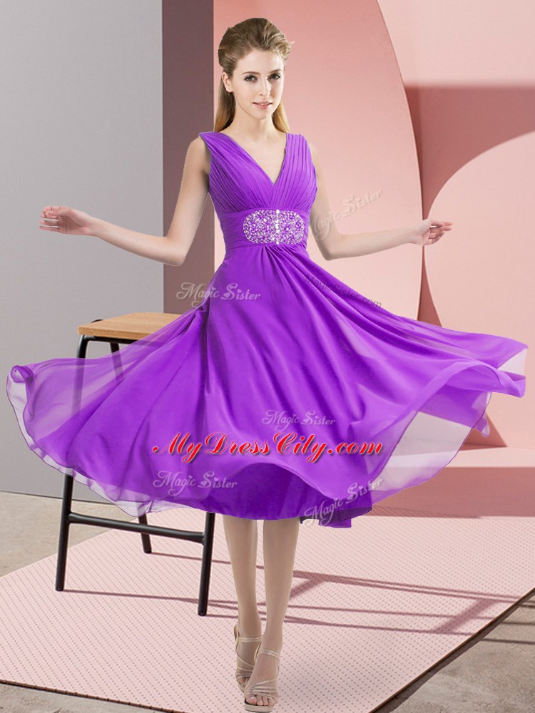 Knee Length Purple Wedding Party Dress Chiffon Sleeveless Beading