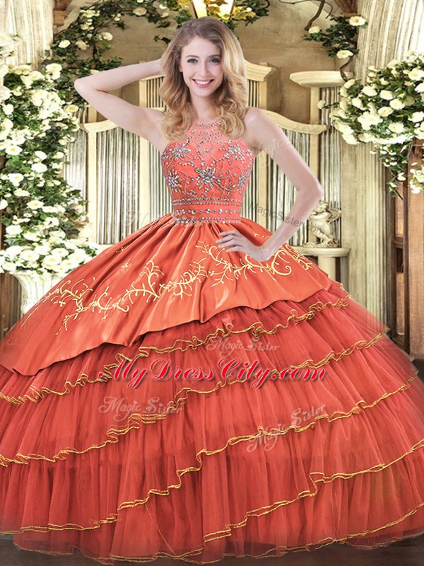 Rust Red Ball Gowns Beading and Embroidery and Ruffles Ball Gown Prom Dress Zipper Satin and Organza Sleeveless Floor Length