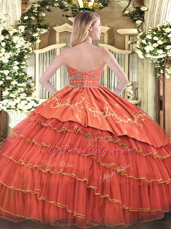 Rust Red Ball Gowns Beading and Embroidery and Ruffles Ball Gown Prom Dress Zipper Satin and Organza Sleeveless Floor Length