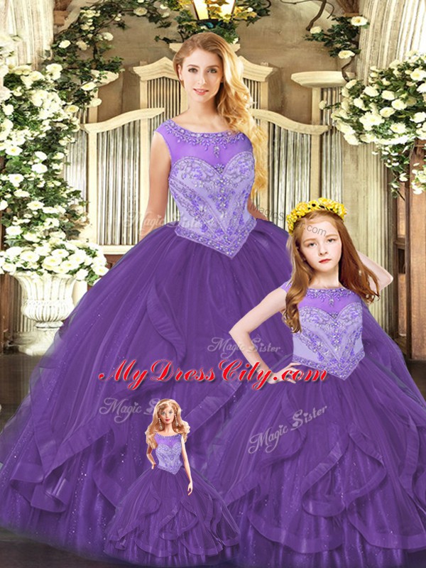 Floor Length Ball Gowns Sleeveless Purple Quinceanera Gown Lace Up