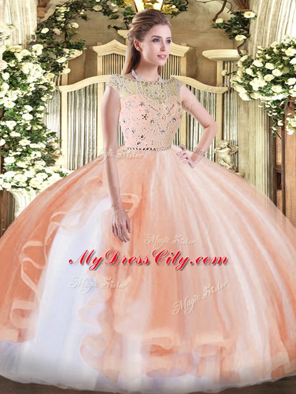 Comfortable Beading and Ruffles 15 Quinceanera Dress Peach Zipper Sleeveless Floor Length