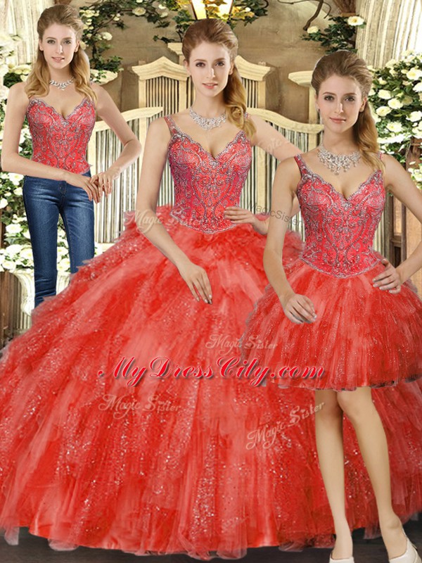 Red Lace Up Straps Beading and Ruffles Quinceanera Dresses Organza Sleeveless