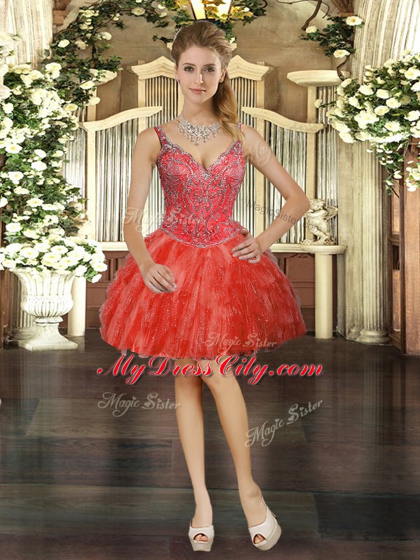 Red Lace Up Straps Beading and Ruffles Quinceanera Dresses Organza Sleeveless