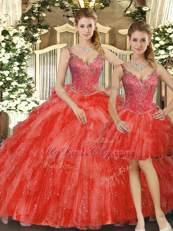 Red Lace Up Straps Beading and Ruffles Quinceanera Dresses Organza Sleeveless