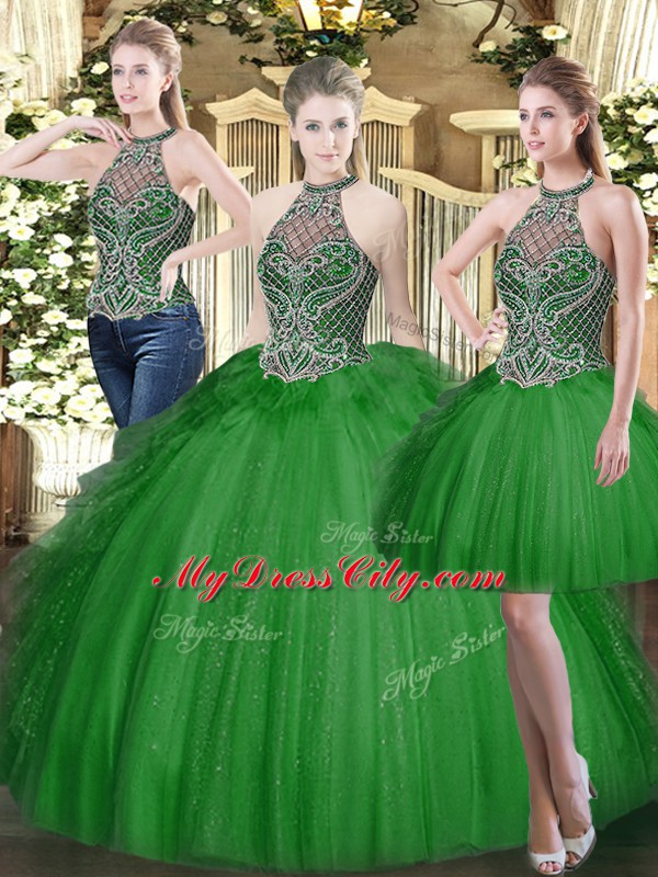 Customized Tulle High-neck Sleeveless Lace Up Beading and Ruffles Vestidos de Quinceanera in Dark Green