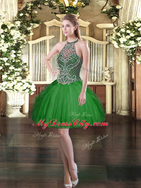 Customized Tulle High-neck Sleeveless Lace Up Beading and Ruffles Vestidos de Quinceanera in Dark Green