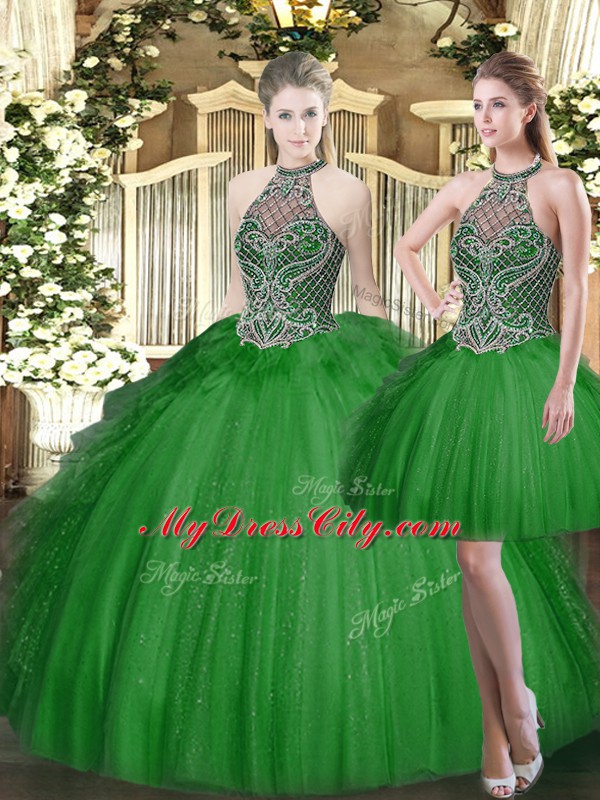 Customized Tulle High-neck Sleeveless Lace Up Beading and Ruffles Vestidos de Quinceanera in Dark Green