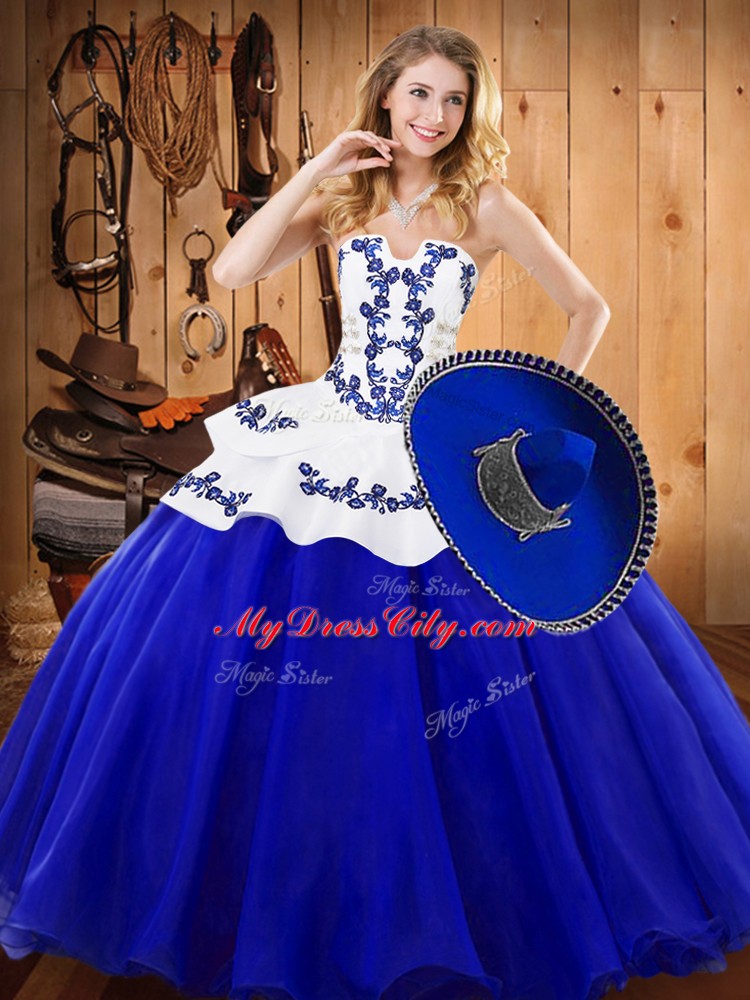 Vintage Royal Blue Lace Up Sweet 16 Dress Embroidery Sleeveless Floor Length