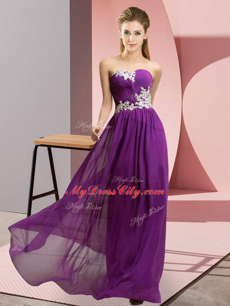 Fabulous Purple Chiffon Lace Up Sweetheart Sleeveless Floor Length Homecoming Dress Appliques