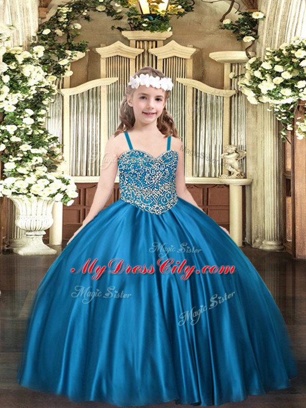 Perfect Blue Straps Neckline Beading Little Girls Pageant Dress Wholesale Sleeveless Lace Up