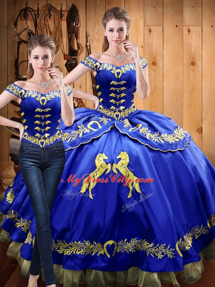 Glittering Royal Blue Lace Up Sweet 16 Quinceanera Dress Beading and Embroidery Sleeveless Floor Length