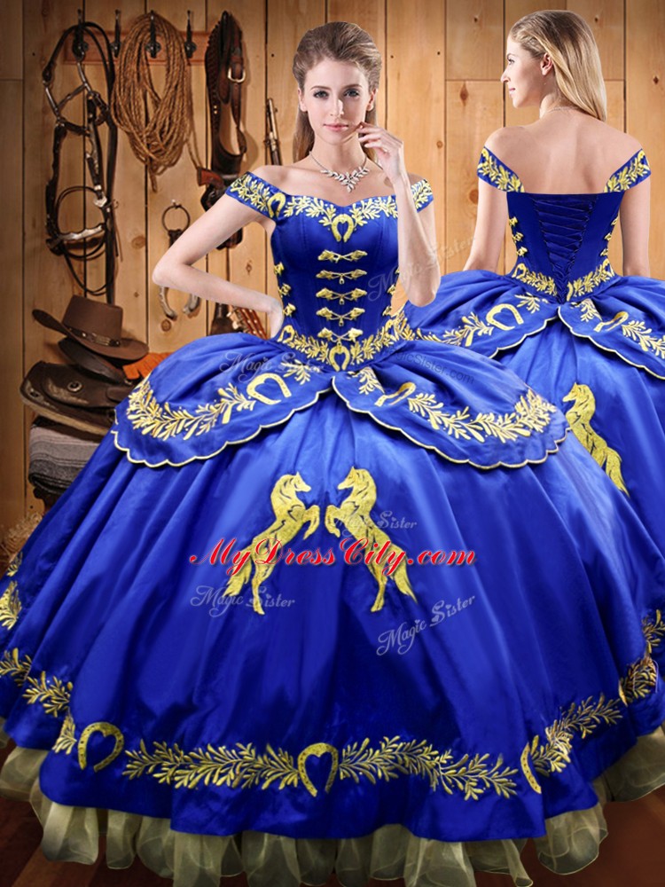 Glittering Royal Blue Lace Up Sweet 16 Quinceanera Dress Beading and Embroidery Sleeveless Floor Length